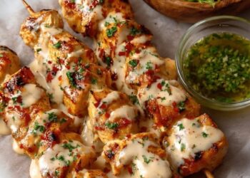 Kipspiesjes met zoet-pittige saus van mayo, chili en limoen