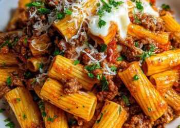 Italiaanse Gehaktschotel met pasta in knoflookboter saus met mozzarella
