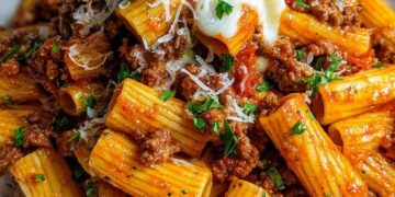 Italiaanse Gehaktschotel met pasta in knoflookboter saus met mozzarella