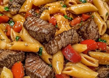 Perfect voor drukke avonden: biefstukpuntjes pasta met paprika, knoflook en romige tomatensaus pasta