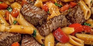 Perfect voor drukke avonden: biefstukpuntjes pasta met paprika, knoflook en romige tomatensaus pasta