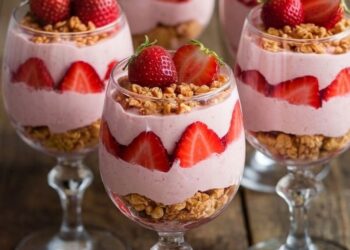 Knapperige aardbei mousse parfaits die je in 10 minuten maakt