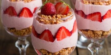 Knapperige aardbei mousse parfaits die je in 10 minuten maakt