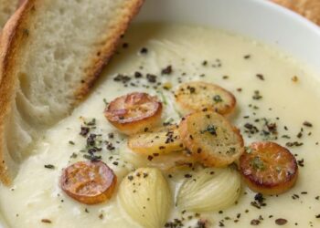 Klassieke Franse knoflooksoep met toast, kaas en rijke bouillon