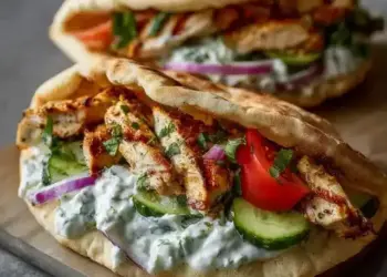 Griekse kip pita’s met tzatziki, komkommer en frisse rode ui