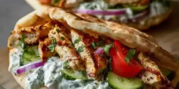 Griekse kip pita’s met tzatziki, komkommer en frisse rode ui
