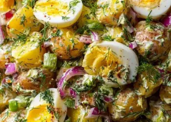 Zomerse aardappelsalade met ei, spekjes en honingmosterd dressing