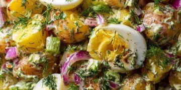 Zomerse aardappelsalade met ei, spekjes en honingmosterd dressing