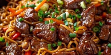 Snelle wokmaaltijd met biefstukpuntjes, noedels en knapperige groenten