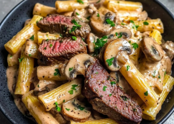 Romige biefstukpasta met champignons, Parmezaanse kaas en knoflooksaus