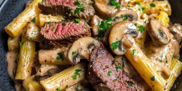 Romige biefstukpasta met champignons, Parmezaanse kaas en knoflooksaus
