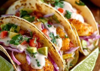Fishstick taco’s met rode ui, avocado en frisse zelfgemaakte dressing
