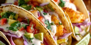Fishstick taco’s met rode ui, avocado en frisse zelfgemaakte dressing