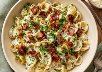 Deze Pasta Boursin met spekjes, ui en knoflook staat in 20 minuten op tafel