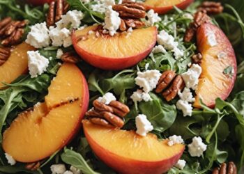Deze frisse zomersalade met perzik, feta en honingdressing staat in 15 minuten op tafel
