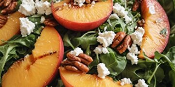 Deze frisse zomersalade met perzik, feta en honingdressing staat in 15 minuten op tafel