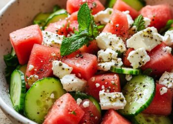 De perfecte frisse zomersalade met watermeloen, feta en komkommer