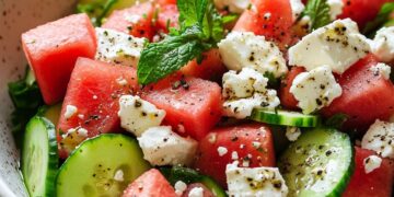De perfecte frisse zomersalade met watermeloen, feta en komkommer