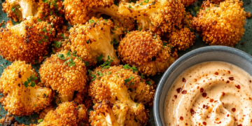 Deze krokante bloemkool bites met pittige sriracha-mayodip zijn dé partysnack van het moment