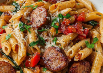 Deze snelle eenpanspasta met worst, room en paprika is ideaal voor een drukke doordeweekse avond
