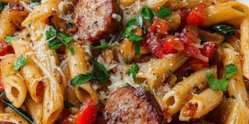 Deze snelle eenpanspasta met worst, room en paprika is ideaal voor een drukke doordeweekse avond