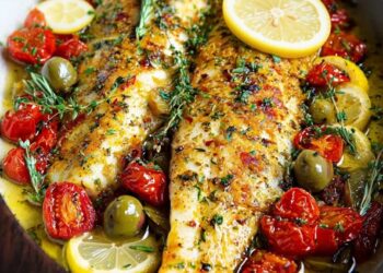 Mediterrane vis uit de oven met tomaten, olijven en verse kruiden