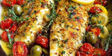 Mediterrane vis uit de oven met tomaten, olijven en verse kruiden