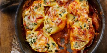 Gevulde pastaschelpen met ricotta, spinazie en biefstuk
